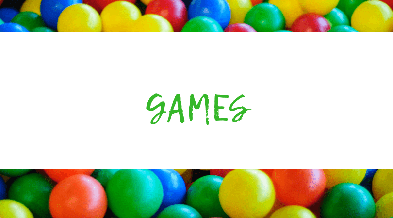 Assorted M&m's backdrop. Text overlay: Games