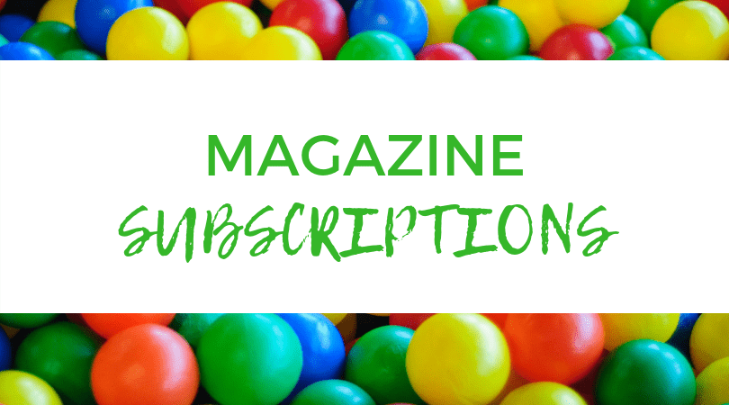 A backdrop of m&m candies. Text overlay: Magazine Subscriptions.