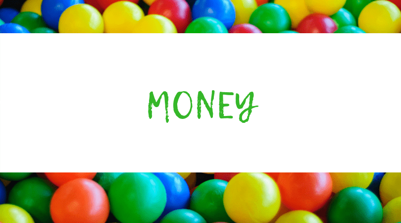 Backdrop of Assorted M&M's. Text overlay: Money