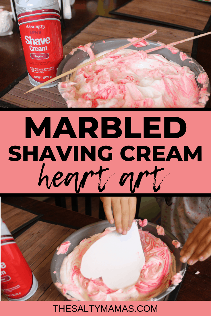 shaving cream in a bowl; text overlay: marbled shaving cream heart art