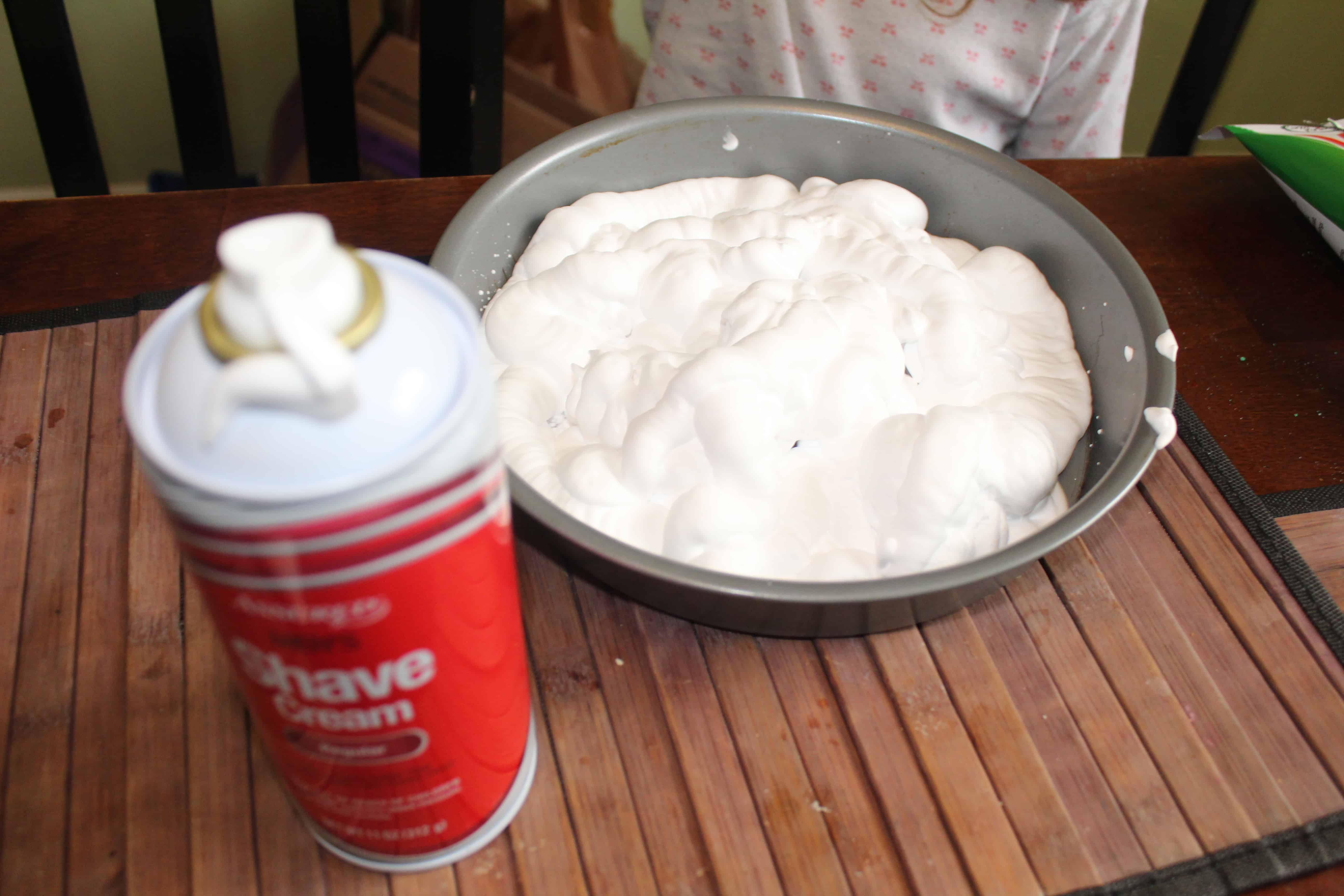 shaving cream in a pie tin