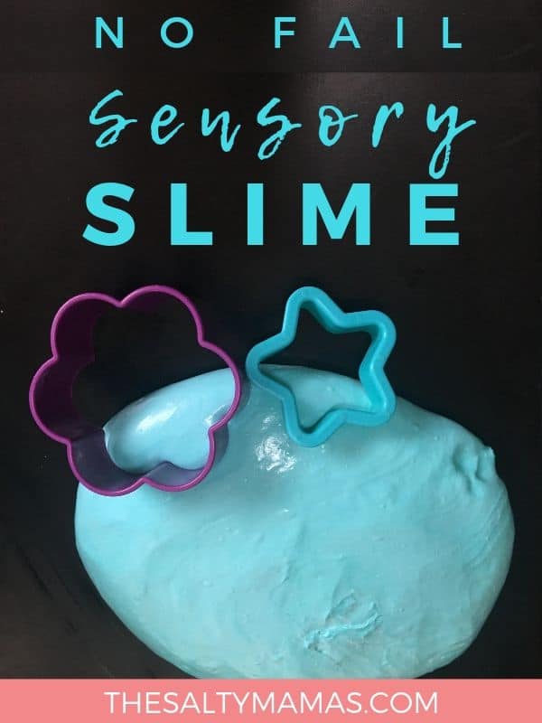 A baby Blue slime pule with different shaped cookie cutters.; Text overlay: No fail sensory slime