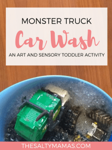 Looking for a way to get your toddler boy interested in art? Try this Monster Truck Art Activity from thesaltymamas.com! #toddlerart #artactivitiesforkids #processbasedart