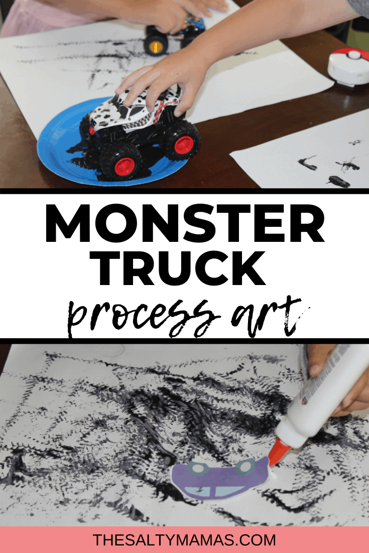 toddler boy painting with monster trucks/toy cars; Text overlay: Monster truck process art 