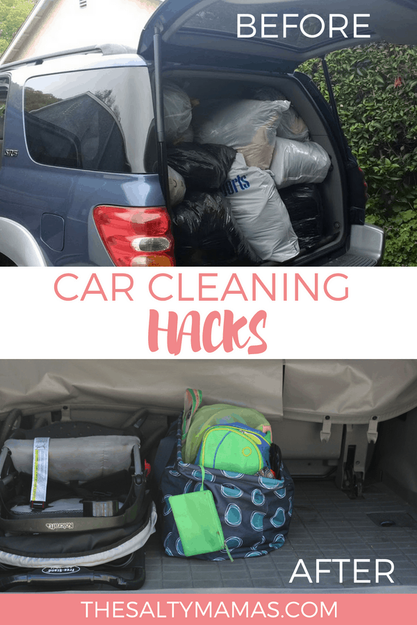 A car full of trash and grocery bags in one image and a clean trunk in the other. Text overlay: Car cleaning hacks.