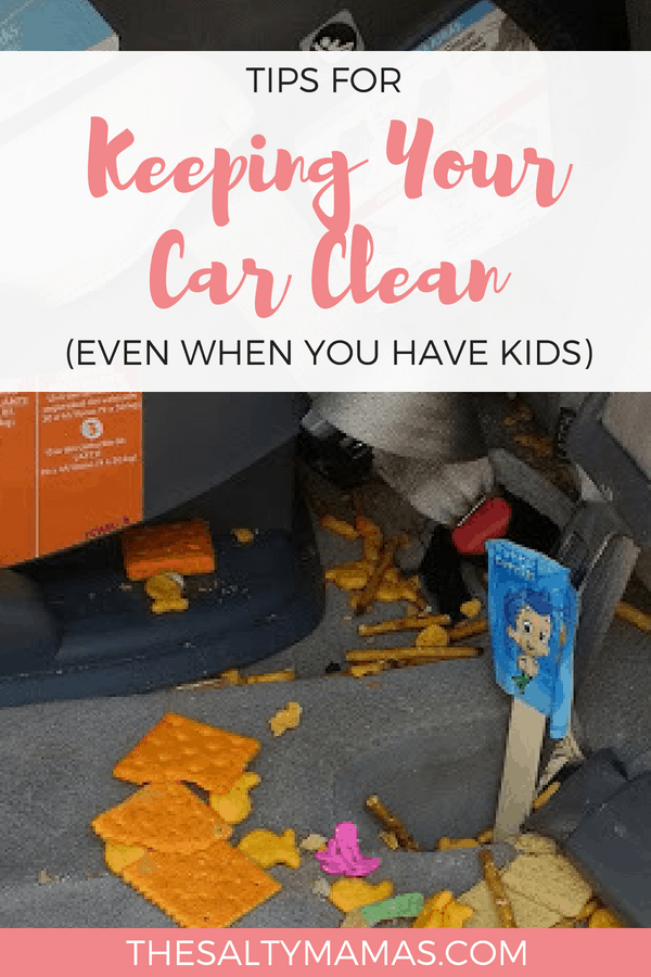 A photo of seat under a car seat messy with snacks and toys. Text overlay: Tips for keeping your car clean (even when you have kids)