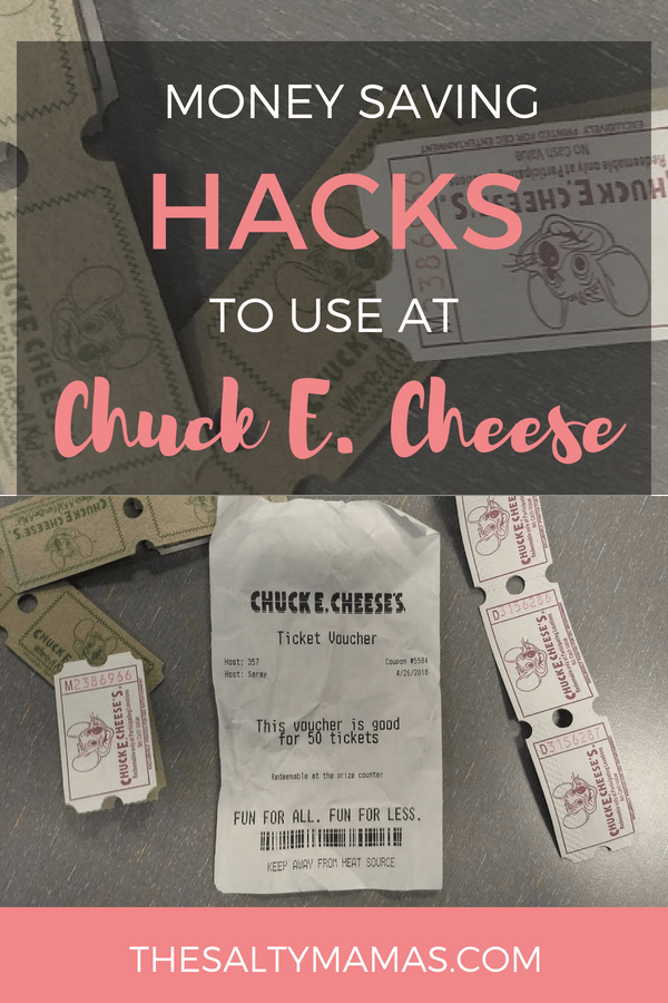 A picture of Chuck E. Cheese receipt and tickets; Text overlay: Money saving hacks to use at Chuck E. Cheese