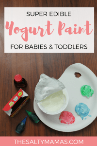I mean, they're gonna eat the paint anyways....might as well make sure it's delicious! Try this yogurt paint baby art project from thesaltymamas.com. #ediblefingerpaint #artforbabies #artfortoddlers #toddlerartproject #babyartproject #yogurtpaint