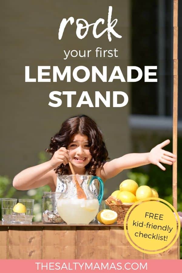 Smiling child stirring Lemonade; Text overlay: rock your first lemonade stand