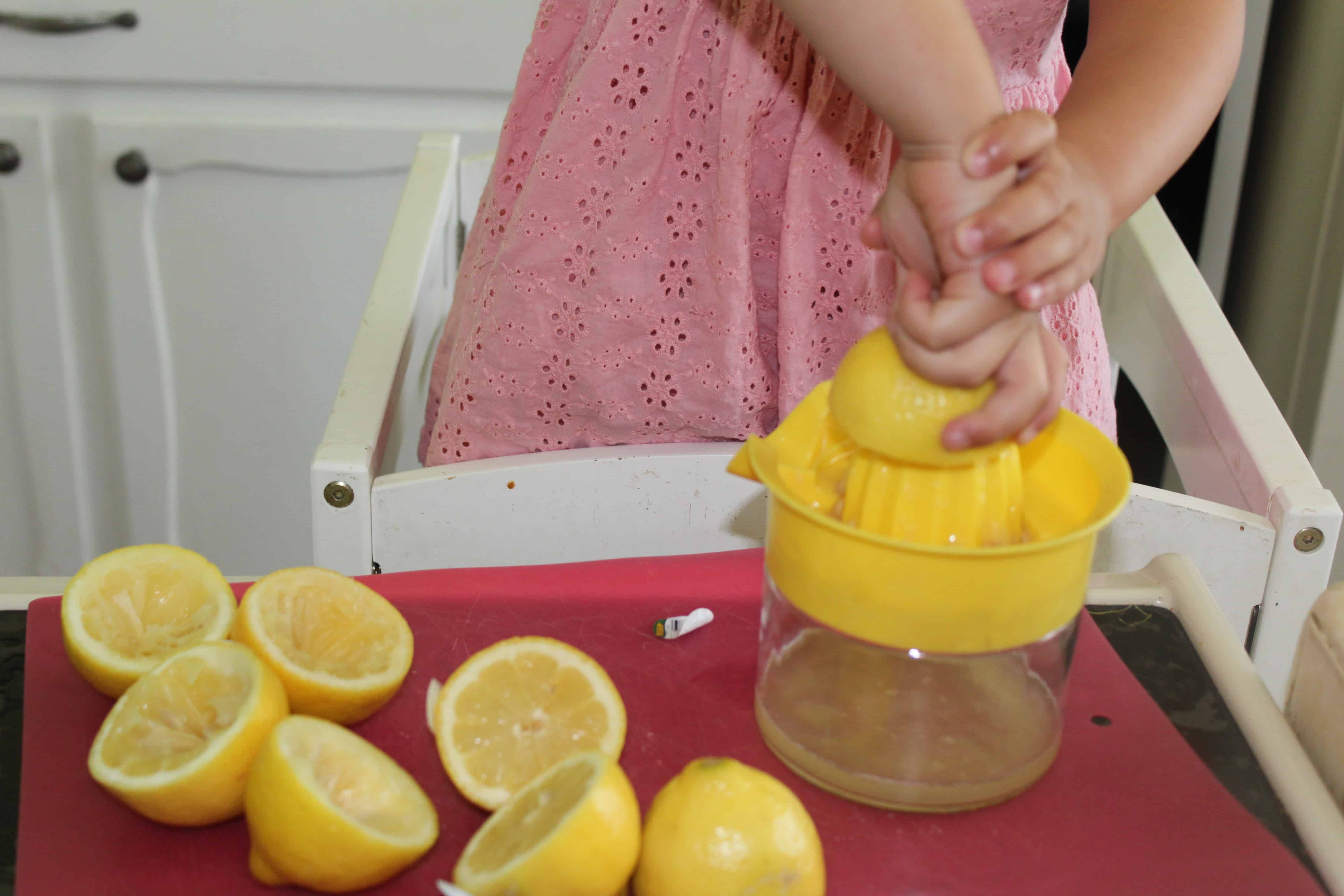 Toddler using a lemon juicer to juice lemons for lemonade