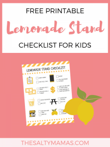 A checklist and a picture of lemons; Text overlay: Free printable Lemonade stand checklist for kids