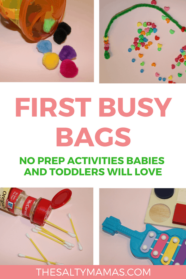 Cotton balls in a cup, pipe cleaner and beads, Q-tips in a spice container, and a miniature xylophone; Text overlay; First busy bags no prep activities babies and toddlers will love. 