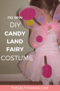 This super-easy DIY Candyland Fairy Halloween costume will have your kids looking like the real deal this Halloween! Get a step-by-step tutorial at TheSaltyMamas.com. #DIYCostumes #DIYkidscostumes #DIYhalloweencostumes #kidshalloweencostumes #nosewhalloweencostumes #nosewcostumes