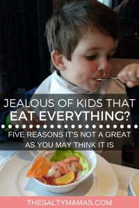 Before you get too jealous of your friends whose kids eat everything, read this! #pickyeaters #kidsthateateverything #foodiekid #kidfoodies #minifoodie #littlefoodie #kidsmeals #kidseatveggies #kidseatfruit #getmoreveggiesforkids #momlife #dadlife #foodbtattles #eatingoutwithkids