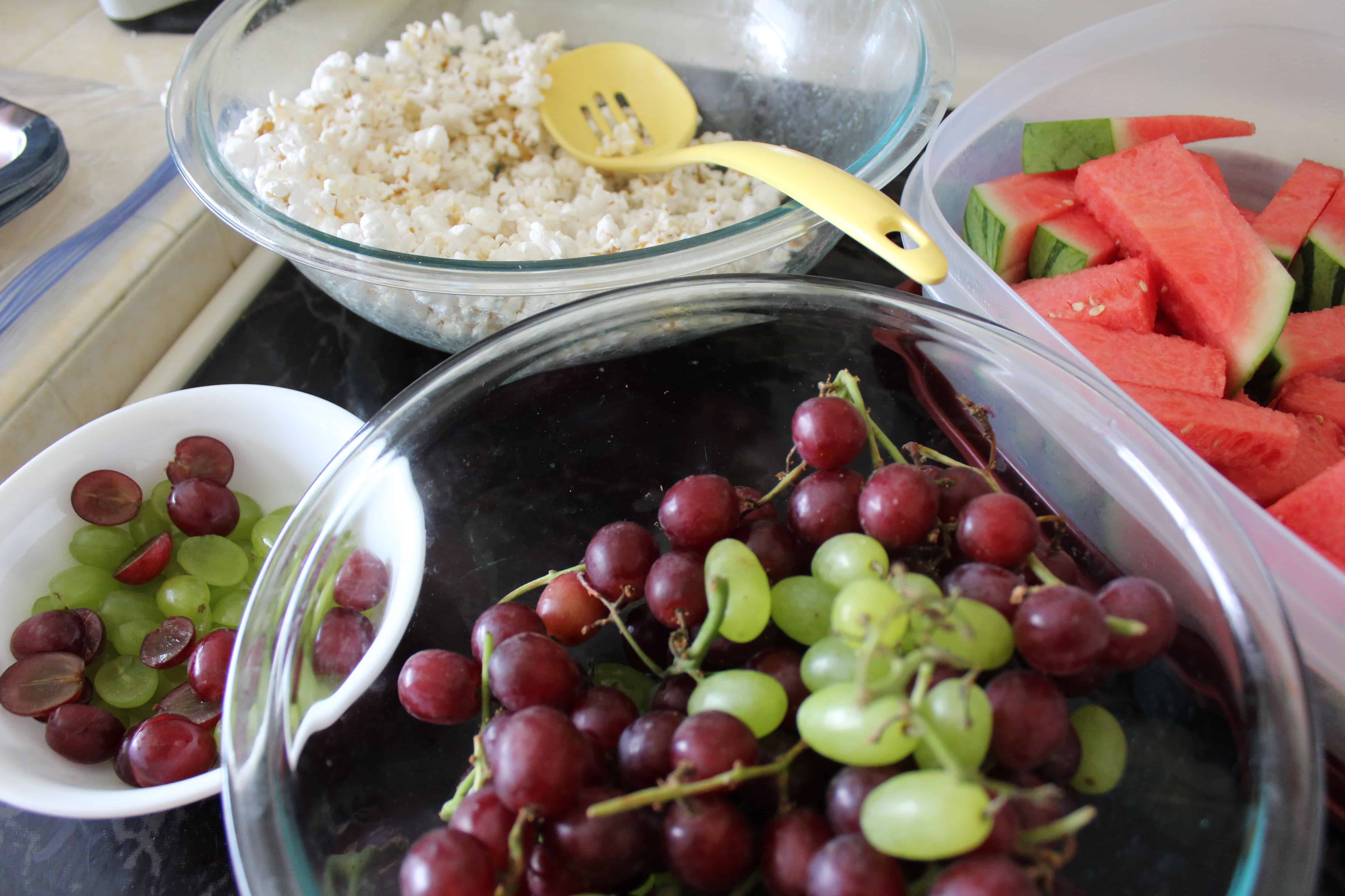 grapes, popcorn, and watermelon