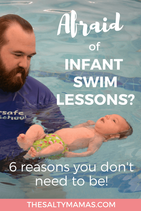 Swim instructor with tiny infant floating in water. Text overlay: Afraid of infant swim lessons? 6 reasons you don't need to be!