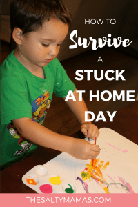 Stuck at home for the day? We've got a TON of easy activities to turn that boring day into a super fun one! Find them all at TheSaltyMamas.com. #rainyday #sahm #sahmlife #sickday #kidsactivities #rainydayactivities #kids #parents #toddlers #preschool #momlife