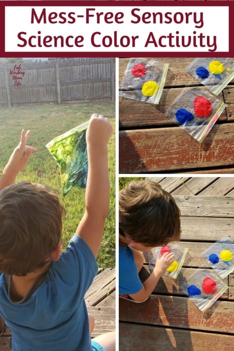 Toddler playing with pain in plastic sandwich bags; Text overlay: Mess-free sensory science color activity.