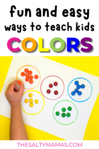 child sorting candy by color; text overlay: fun ways to teach kids colors