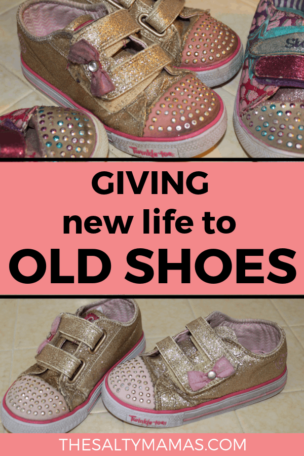 A pair of shoes show dirty first and then clean.; Text overlay: Giving new life to old shoes