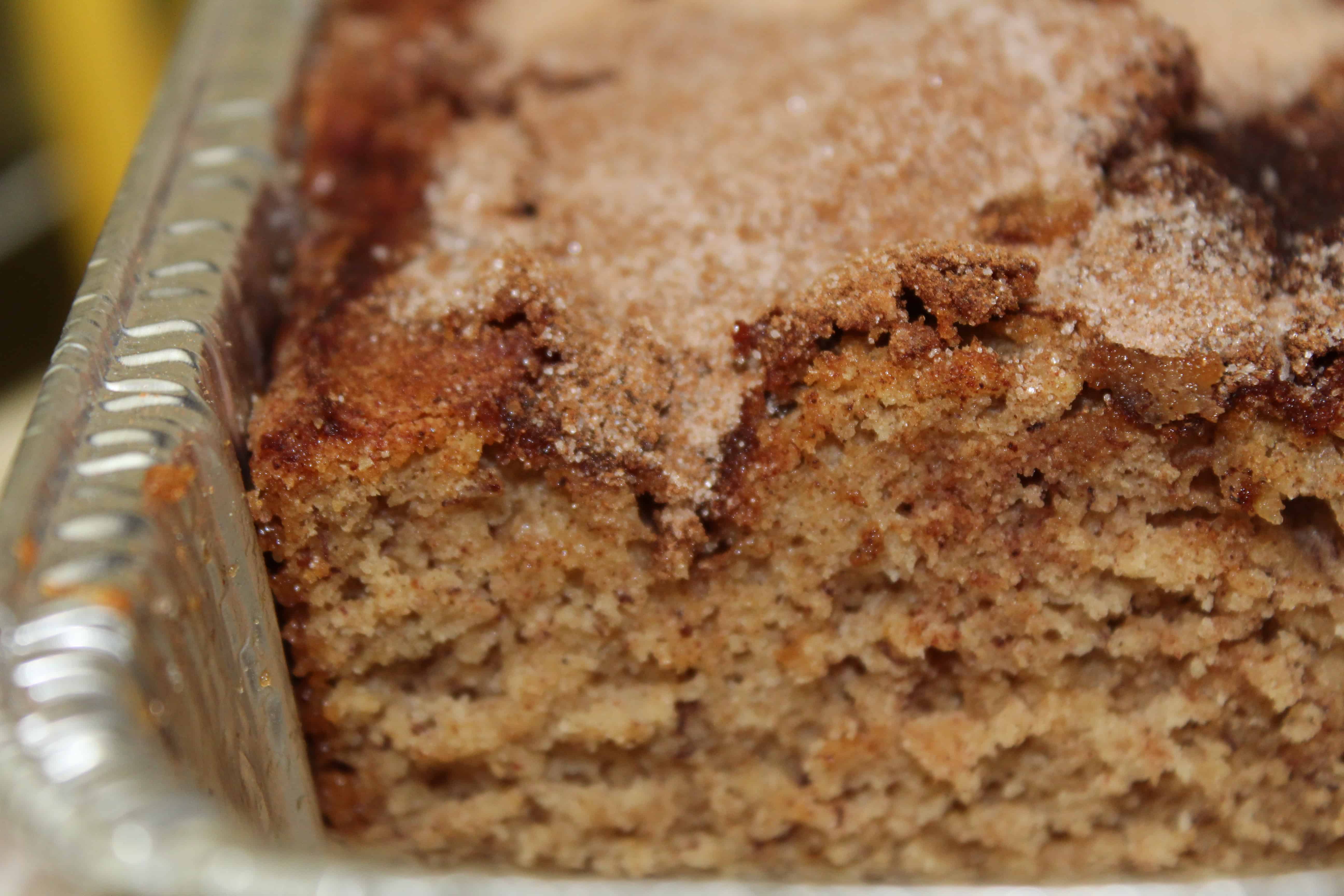 Cooked banana bread cut into to show the inside.