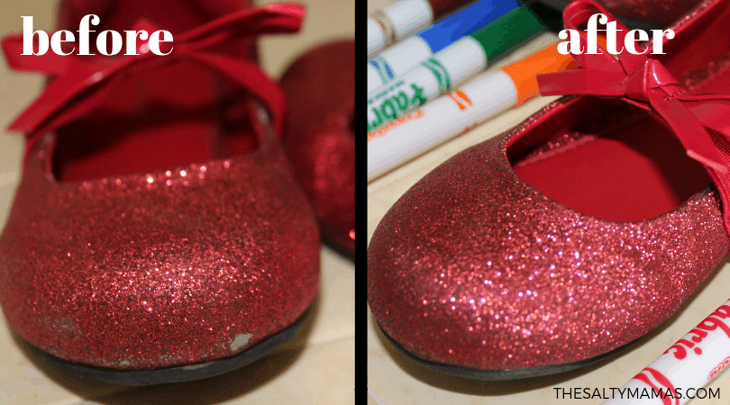 A before and after image of a sparkly red shoe with the color touched up. 