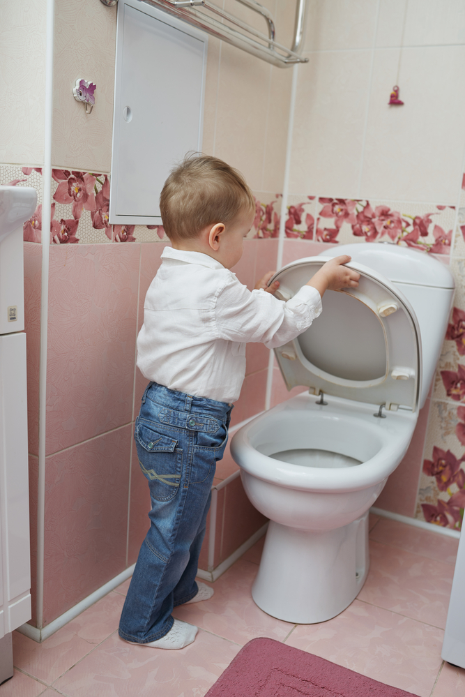 toddler putting toilet seat down