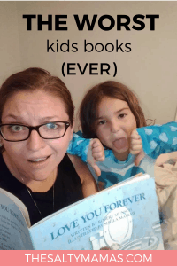 family reading book; text: worst kids books ever