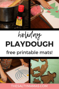 We've got a fresh take on holiday playdough activities for toddlers! From Christmas playdough to a homemade Gingerbread playdough recipe, and from Hannukah playdough mats to a pretend play center, we've got your holiday sensory play covered. Find the full list of activities at TheSaltyMamas.com. #holidays #christmas #toddleractivities #hannukahactivitiesforkids #christmasactivitiesforkids #christmasplaydough #gingerbreadplaydough #peppermintplaydough #playdoughcenters