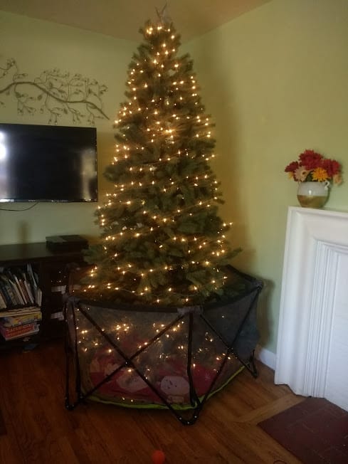 Beautiful brightly lit Christmas tree with hexagonal cage around it.