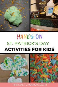 Celebrate St. Patrick's Day with your toddlers and preschoolers this month! We've got a collection of hands-on St. Patrick's Day activities for kids featurign fine motor skills, sensory play, and art that will keep them busy for the whole month of March. Find the full list of ideas at TheSaltyMamas.com. #stpatricksday #stpatricksdayactivitiesforkids #finemotorskills #sensoryplay #sensoryactivities #stpatricksdaysensorybin #toddlers #kids #kidsactivities #activitiesfortoddlers #parents