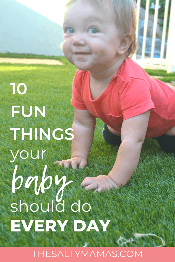 Smiling baby crawling on the grass. Text overlay: 10 fun things your baby should do every day.