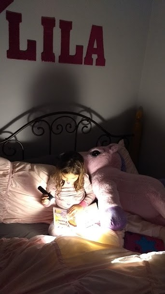 Bedtime, Young child sitting in bed with a flashlight to read a story to herself.