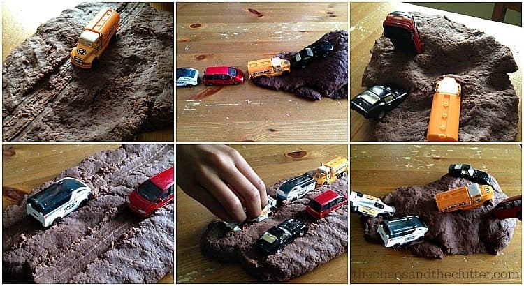 toy trucks in playdough "mud"