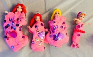 princess toys wearing playdough dresses