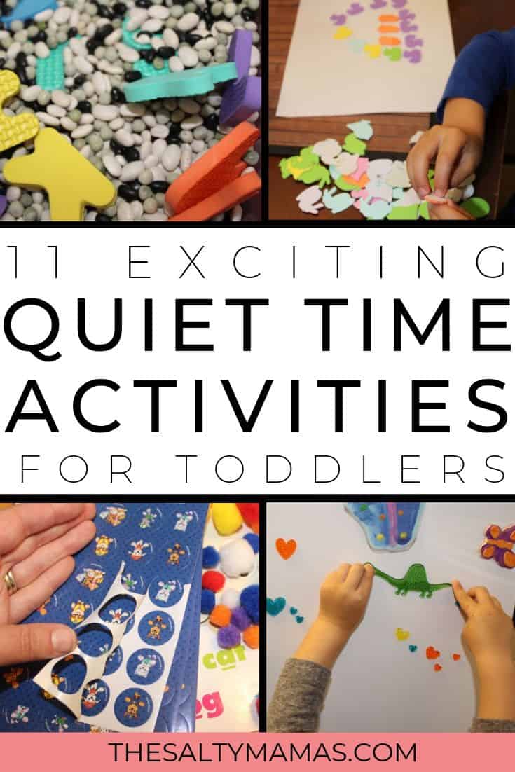 Toddler hands playing with stickers and gel clings; Text overlay: 11 exciting quiet time activities for toddlers.