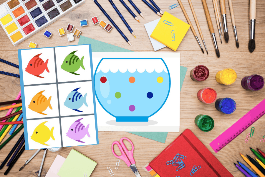 Sample of the explore and learn activity pack. A picture of a fish bowl with printed fish to cut out.