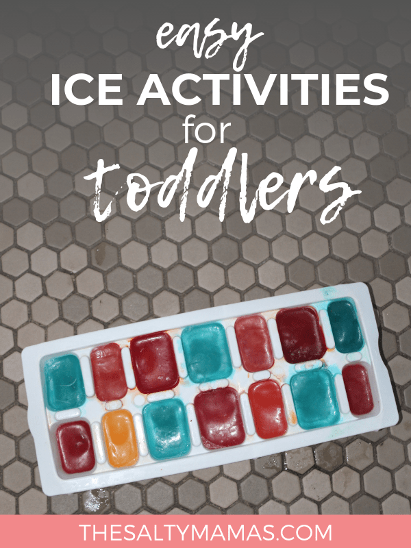 Ice cube tray with "Ice paint" Blues, reds and yellows.; Text overlay: Easy Ice activities for toddlers