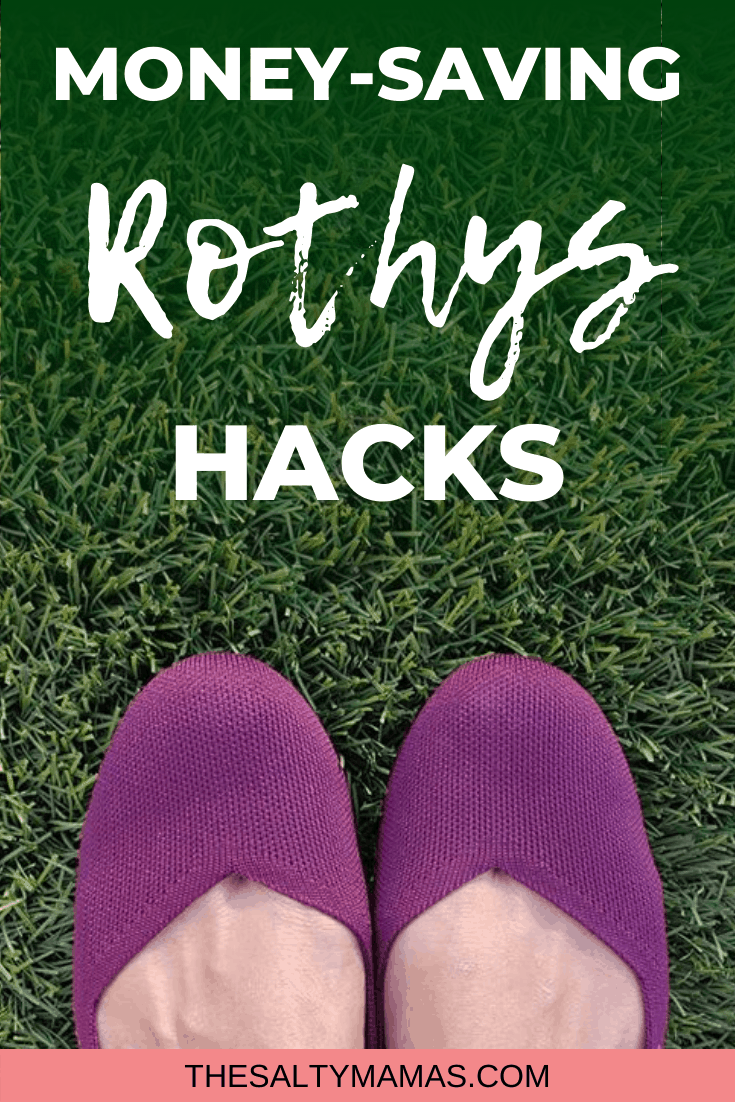 a purple pair of rothys on grass, with words saying "money saving rothys hacks"