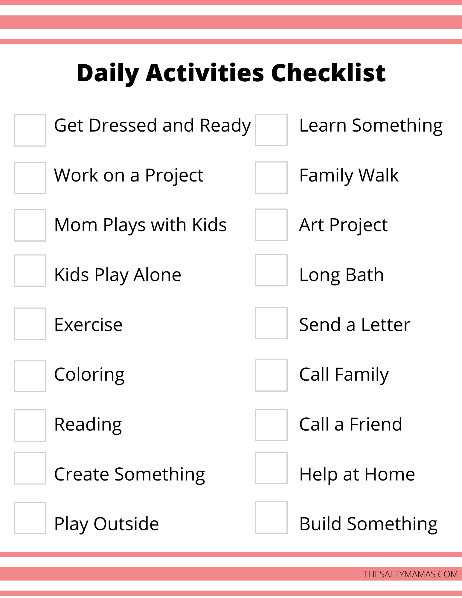 Example of a Daily activities checklist sheet.