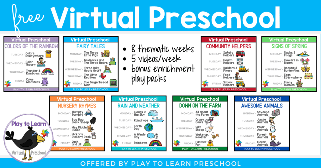 An example of the Virtual preschool play pack. Text overlay: 8 thematic weeks, 5 videos/week, bonus enrichment play pack.