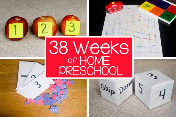 4 different photos, a set of three apples, two giant dice, 3 numbered cards, a drawn racetrack and toy car. Text overlay: 38 weeks of home preschool.