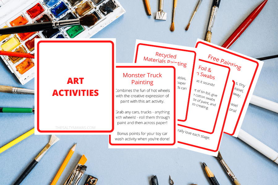 "art activity" cards on a paint background