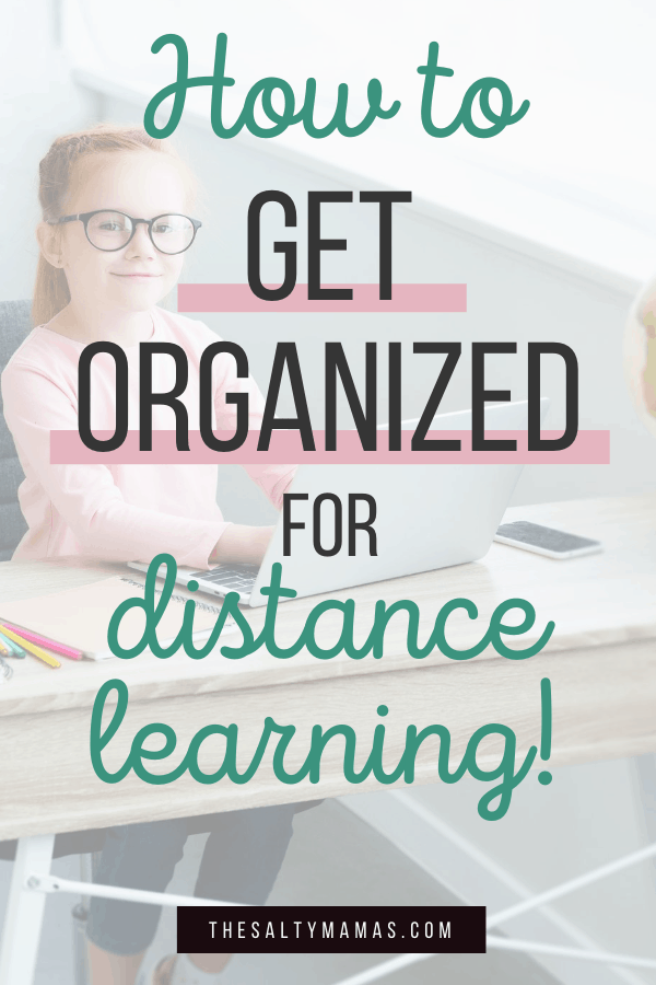 Smiling preschooler sitting at desk on a laptop. Text overlay: Hot to get organized for distance learning. 