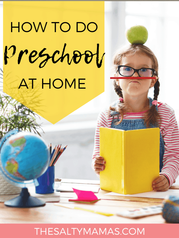 a preschooler playing with school supplies; text overlay that reads "how to do preschool at home"