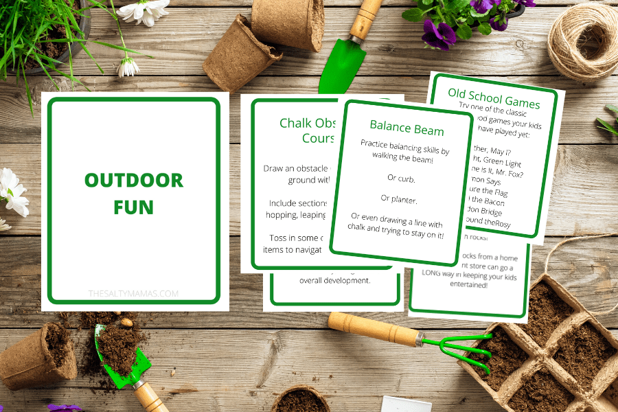 cards related to "outdoor fun" on a garden overlay