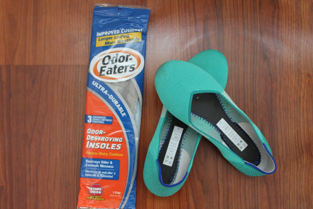 rothys with sole removed; ordor eaters insoles in package