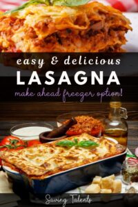 a lasagna with text overlay that reads "easy and delicious lasagna, 