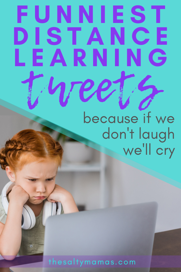 little girl on computer; text: funniest distance learning tweets