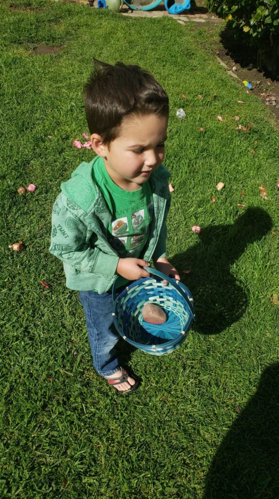 preschooler collecting rocks in a basket